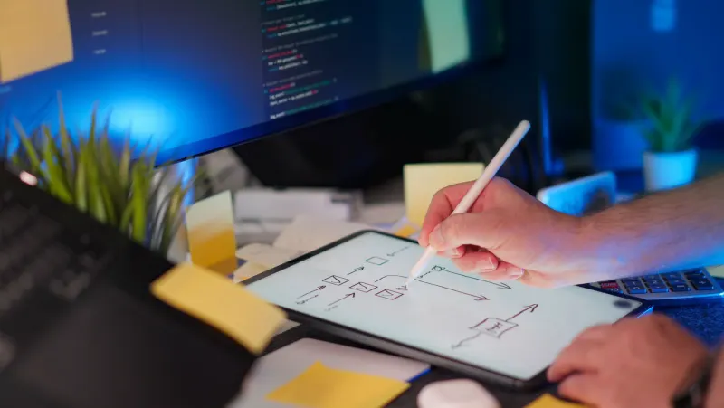 A designer sketching interface ideas on a tablet beside code on a monitor